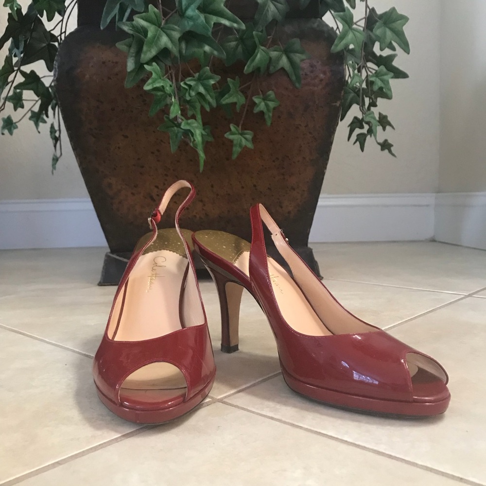 Cole Haan Patent Leather Peep Toe Slingback Heels